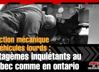 Inspections mécaniques des véhicules lourds : stratagèmes inquiétants au Québec comme en Ontario Mécanicien inspectant un camion lourd sous l’essieu, illustrant les doutes sur la fiabilité des inspections mécaniques des véhicules lourds au Québec et en Ontario.
