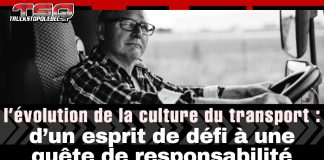 L’évolution de la culture du transport : d’un esprit de défi à une quête de responsabilité Camionneur expérimenté assis au volant de son camion, regard sérieux, image en noir et blanc illustrant l’évolution de la culture du transport routier au Québec, de l’esprit de défi vers la responsabilité.