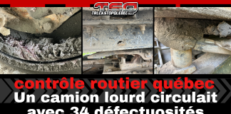Contrôle Routier Québec : Un camion lourd circulait avec 34 défectuosités Contrôle routier Québec – Un camion lourd circulait avec 34 défectuosités. Montage de photos montrant une roue fissurée, une sellette d’attelage endommagée et des pièces mécaniques corrodées, avec le logo Truck Stop Québec en en-tête.