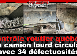 Contrôle Routier Québec : Un camion lourd circulait avec 34 défectuosités Contrôle routier Québec – Un camion lourd circulait avec 34 défectuosités. Montage de photos montrant une roue fissurée, une sellette d’attelage endommagée et des pièces mécaniques corrodées, avec le logo Truck Stop Québec en en-tête.