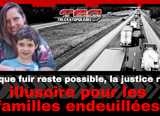 Un camionneur impliqué dans un accident au Québec retrouvé aux États-Unis Image montrant la photo d’une mère et de son fils décédés dans un carambolage impliquant un camionneur sur l’autoroute 30, avec en arrière-plan une route remplie de camions. Le visuel porte la mention : « Tant que fuir reste possible, la justice reste illusoire pour les familles endeuillées. »