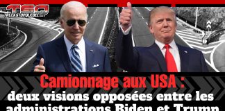 Camionnage aux États-Unis : deux visions opposées entre les administrations Biden et Trump Image avec Joe Biden et Donald Trump, représentant deux approches différentes pour le camionnage aux États-Unis. Texte : « Camionnage aux USA : deux visions opposées entre les administrations Biden et Trump », avec le logo Truck Stop Québec en haut de l’image.