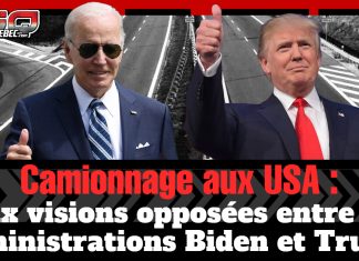 Camionnage aux États-Unis : deux visions opposées entre les administrations Biden et Trump Image avec Joe Biden et Donald Trump, représentant deux approches différentes pour le camionnage aux États-Unis. Texte : « Camionnage aux USA : deux visions opposées entre les administrations Biden et Trump », avec le logo Truck Stop Québec en haut de l’image.