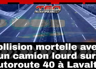 Collision mortelle avec un camion lourd sur l’autoroute 40 à Lavaltrie Collision mortelle avec un camion lourd sur l'autoroute 40 à Lavaltrie, sur image d'une autoroute et gyrophares d'un véhicule d'urgence.