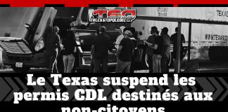 Le Texas suspend la délivrance des permis de conduire commerciaux CDL pour non-citoyens Groupe d’étudiants en camionnage devant un camion-école au Texas, avec la bannière de Truck Stop Québec affichant le texte : « Le Texas suspend les permis CDL destinés aux non-citoyens ».