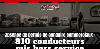 Résultats de l’opération International Roadcheck 2025 de la CVSA Image montrant une rangée de camions stationnés dans un relais routier, avec le texte « Absence de permis de conduire commerciaux : 810 conducteurs mis hors service » en avant-plan, rappelant les résultats de l’International Roadcheck 2025 menée par la CVSA.