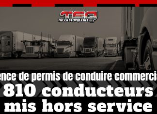 Résultats de l’opération International Roadcheck 2025 de la CVSA Image montrant une rangée de camions stationnés dans un relais routier, avec le texte « Absence de permis de conduire commerciaux : 810 conducteurs mis hors service » en avant-plan, rappelant les résultats de l’International Roadcheck 2025 menée par la CVSA.