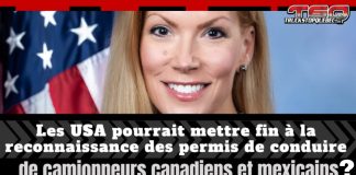 Camionnage : Fin de la reconnaissance des permis de conduire commerciaux entre les USA, le Canada et le Mexique? Portrait de la représentante américaine Beth Van Duyne devant un drapeau des États-Unis, accompagnée du titre : « Les USA pourraient mettre fin à la reconnaissance des permis de conduire de camionneurs canadiens et mexicains », en référence au projet de loi Protecting America’s Roads Act présenté au Congrès.