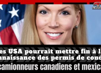 Camionnage : Fin de la reconnaissance des permis de conduire commerciaux entre les USA, le Canada et le Mexique? Portrait de la représentante américaine Beth Van Duyne devant un drapeau des États-Unis, accompagnée du titre : « Les USA pourraient mettre fin à la reconnaissance des permis de conduire de camionneurs canadiens et mexicains », en référence au projet de loi Protecting America’s Roads Act présenté au Congrès.