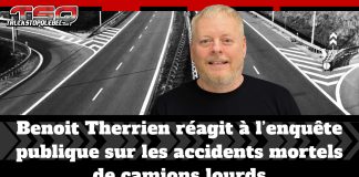 Benoit Therrien réagit à l’enquête publique sur les accidents mortels de camions lourds Benoît Therrien, président de Truck Stop Québec, réagit à l’enquête publique sur les accidents mortels impliquant des camions lourds, sur fond d’image d’autoroute symbolisant la sécurité routière et le transport.