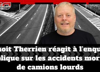 Benoit Therrien réagit à l’enquête publique sur les accidents mortels de camions lourds Benoît Therrien, président de Truck Stop Québec, réagit à l’enquête publique sur les accidents mortels impliquant des camions lourds, sur fond d’image d’autoroute symbolisant la sécurité routière et le transport.