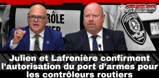 Julien et Lafrenière confirment l’autorisation du port d’armes pour les contrôleurs routiers Le ministre des Transports et de la Mobilité durable, Jonatan Julien, et le ministre de la Sécurité Publique, Ian Lafrenière, ont annoncé aujourd’hui une avancée majeure pour les contrôleurs routiers du Québec (CRQ) : leur retour prochain sur la route après plusieurs mois d’attente, accompagné de l’autorisation officielle du port d’arme à feu.