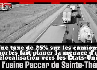 Camions taxés à 25% : la menace plane sur les fabricants québécois Camions circulant sur une autoroute vus de haut, en noir et blanc, avec le logo Truck Stop Québec et le texte : « Une taxe de 25 % sur les camions importés fait planer la menace d’une délocalisation vers les États-Unis pour l’usine Paccar de Sainte-Thérèse. »