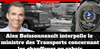 (VIDÉO) Chauffeurs inc. : Alex Boissonneault interpelle le ministre des Transports Montage graphique avec un camion lourd, l’écusson d’un contrôleur routier du Québec et le visage du député Alex Boissonneault. Le texte indique : « Alex Boissonneault interpelle le ministre des Transports concernant les chauffeurs au rabais », aussi connu sous Chauffeurs Inc