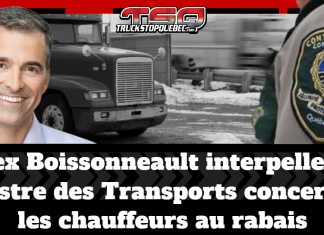 (VIDÉO) Chauffeurs inc. : Alex Boissonneault interpelle le ministre des Transports Montage graphique avec un camion lourd, l’écusson d’un contrôleur routier du Québec et le visage du député Alex Boissonneault. Le texte indique : « Alex Boissonneault interpelle le ministre des Transports concernant les chauffeurs au rabais », aussi connu sous Chauffeurs Inc