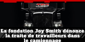 La fondation Joy Smith dénonce la traite de travailleurs dans le camionnage Image de Truck Stop Québec montrant l’avant d’un camion noir, avec le logo TSQ en haut et le texte « La fondation Joy Smith dénonce la traite de travailleurs dans le camionnage ».