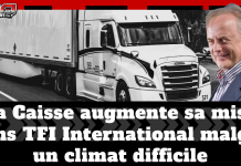 La Caisse augmente sa mise dans TFI International malgré un climat difficile Camion TFI International, le président Alain Bédard et le titre de l'article : La Caisse augmente sa mise dans TFI International malgré un climat difficile. Dans le coin, le logo de Truck Stop Québec.