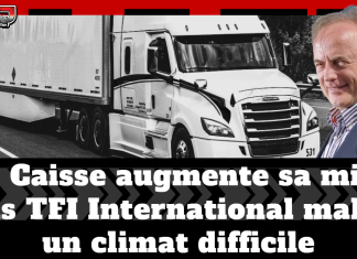 La Caisse augmente sa mise dans TFI International malgré un climat difficile Camion TFI International, le président Alain Bédard et le titre de l'article : La Caisse augmente sa mise dans TFI International malgré un climat difficile. Dans le coin, le logo de Truck Stop Québec.