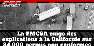 Camionnage : La FMCSA exige des explications à la Californie sur 24,000 permis non conformes Image aérienne en noir et blanc montrant un grave accident impliquant plusieurs semi-remorques immobilisés et endommagés sur une autoroute, avec des débris dispersés et des intervenants sur place, avec le texte : « Camionnage : La FMCSA exige des explications à la Californie sur 24,000 permis non conformes ».
