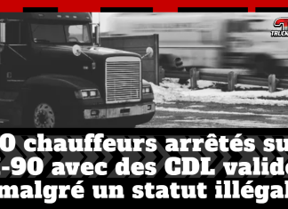 30 chauffeurs arrêtés sur l’I-90 avec des CDL valides malgré un statut illégal camion lourd roulant sur une route enneigée, avec un deuxième camion flou en arrière-plan pour illustrer le mouvement. En bas de l’image, on voit un bandeau noir avec le texte : « 30 chauffeurs arrêtés sur l’I-90 avec des CDL valides malgré un statut illégal », accompagné du logo Truck Stop Québec.