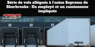 Série de vols allégués à l’usine Soprema de Sherbrooke Devanture d’un quai de chargement industriel avec des portes numérotées et une remorque de camion stationnée, illustrant l’usine Soprema de Sherbrooke dans un contexte d’enquête sur des vols impliquant un employé et un camionneur.
