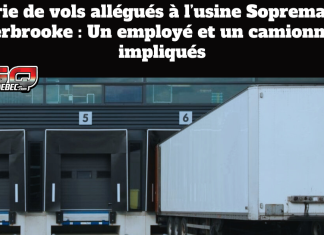 Série de vols allégués à l’usine Soprema de Sherbrooke Devanture d’un quai de chargement industriel avec des portes numérotées et une remorque de camion stationnée, illustrant l’usine Soprema de Sherbrooke dans un contexte d’enquête sur des vols impliquant un employé et un camionneur.
