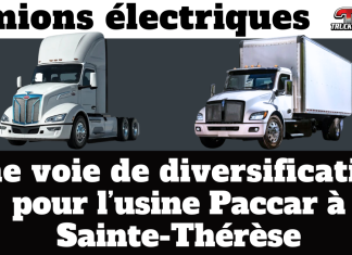 Camions électriques, une voie de diversification pour Paccar à Sainte-Thérèse Illustration montrant deux camions électriques de marques Peterbilt et Kenworth, mettant en valeur le virage vers les camions électriques comme voie de diversification pour l’usine Paccar de Sainte-Thérèse au Québec.