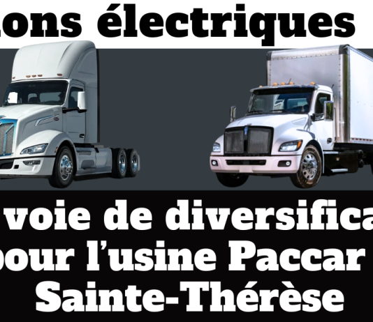 Camions électriques, une voie de diversification pour Paccar à Sainte-Thérèse Illustration montrant deux camions électriques de marques Peterbilt et Kenworth, mettant en valeur le virage vers les camions électriques comme voie de diversification pour l’usine Paccar de Sainte-Thérèse au Québec.