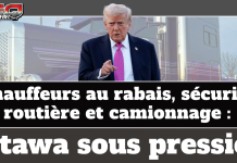 Chauffeurs au rabais, sécurité routière et camionnage : Ottawa sous pression Image montrant Donald Trump pointant du doigt devant un camion lourd, avec le logo de Truck Stop Québec, illustrant la pression exercée sur Ottawa concernant les chauffeurs au rabais, la sécurité routière et le camionnage.