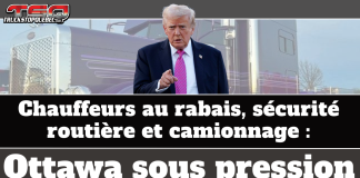 Chauffeurs au rabais, sécurité routière et camionnage : Ottawa sous pression Image montrant Donald Trump pointant du doigt devant un camion lourd, avec le logo de Truck Stop Québec, illustrant la pression exercée sur Ottawa concernant les chauffeurs au rabais, la sécurité routière et le camionnage.
