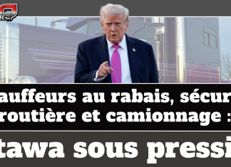 Chauffeurs au rabais, sécurité routière et camionnage : Ottawa sous pression Image montrant Donald Trump pointant du doigt devant un camion lourd, avec le logo de Truck Stop Québec, illustrant la pression exercée sur Ottawa concernant les chauffeurs au rabais, la sécurité routière et le camionnage.