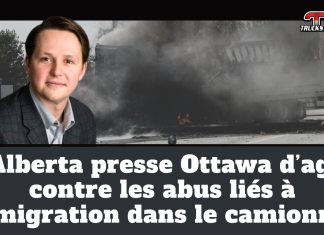 L’Alberta presse Ottawa d’agir contre les abus liés à l’immigration dans le camionnage Le ministre de l'Alberta et un camion lourd accidenté, avec le texte sur l’image « L’Alberta presse Ottawa d’agir contre les abus liés à l’immigration dans le camionnage », illustrant les enjeux de sécurité routière et d’immigration dans l’industrie du transport routier au Canada.