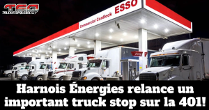 Station de ravitaillement Harnois Énergies de nuit avec diesel commercial et Cardlock Esso, illustrant le projet de relance d’un important truck stop à Woodstock en Ontario, le long de l’autoroute 401, destiné au camionnage est-ouest au Canada.
