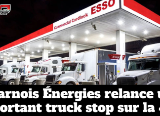 Harnois Énergies relance un important truck stop sur la 401, sortie 230, en Ontario Station de ravitaillement Harnois Énergies de nuit avec diesel commercial et Cardlock Esso, illustrant le projet de relance d’un important truck stop à Woodstock en Ontario, le long de l’autoroute 401, destiné au camionnage est-ouest au Canada.