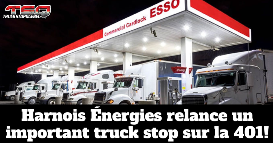 Station de ravitaillement Harnois Énergies de nuit avec diesel commercial et Cardlock Esso, illustrant le projet de relance d’un important truck stop à Woodstock en Ontario, le long de l’autoroute 401, destiné au camionnage est-ouest au Canada.