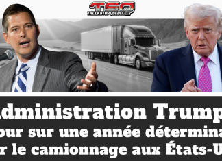 Administration Trump : Retour sur une année déterminante pour le camionnage aux États-Unis Image montrant Donald Trump et Sean Duffy devant un camion lourd sur une route américaine, avec le texte « Administration Trump : Retour sur une année déterminante pour le camionnage aux États-Unis », illustrant les changements majeurs ayant marqué l’industrie du transport routier américain en 2025.