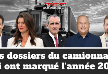 Bilan des dossiers du camionnage qui ont marqué l’année 2025 Montage illustrant les dossiers du camionnage qui ont marqué l’année 2025, dans ce bilan, avec des figures politiques canadiennes et québécoises en avant-plan, un camion lourd en arrière-plan et le logo de Truck Stop Québec.