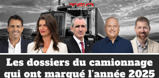 Bilan des dossiers du camionnage qui ont marqué l’année 2025 Montage illustrant les dossiers du camionnage qui ont marqué l’année 2025, dans ce bilan, avec des figures politiques canadiennes et québécoises en avant-plan, un camion lourd en arrière-plan et le logo de Truck Stop Québec.