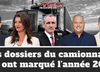 Bilan des dossiers du camionnage qui ont marqué l’année 2025 Montage illustrant les dossiers du camionnage qui ont marqué l’année 2025, dans ce bilan, avec des figures politiques canadiennes et québécoises en avant-plan, un camion lourd en arrière-plan et le logo de Truck Stop Québec.