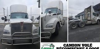 Camion volé sur la Rive-Sud : Groupe Loyal Express offre une récompense de 5,000$ Camion volé – récompense 5 000 $. Montage de trois photos montrant le tracteur blanc du Groupe Loyal Express : à gauche, vue avant d’un Kenworth blanc avec pare-chocs renforcé; au centre, vue avant latérale du même camion avec le numéro d’unité 231; à droite, vue arrière du tracteur stationné près d’un bâtiment industriel. Le texte “CAMION VOLÉ – RÉCOMPENSE 5 000 $” apparaît en bas du montage avec le logo du Groupe Loyal Express.