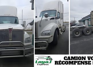Camion volé sur la Rive-Sud : Groupe Loyal Express offre une récompense de 5,000$ Camion volé – récompense 5 000 $. Montage de trois photos montrant le tracteur blanc du Groupe Loyal Express : à gauche, vue avant d’un Kenworth blanc avec pare-chocs renforcé; au centre, vue avant latérale du même camion avec le numéro d’unité 231; à droite, vue arrière du tracteur stationné près d’un bâtiment industriel. Le texte “CAMION VOLÉ – RÉCOMPENSE 5 000 $” apparaît en bas du montage avec le logo du Groupe Loyal Express.