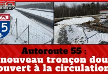 Autoroute 55 : un premier tronçon doublé ouvert à la circulation À gauche, un nouveau tronçon doublé de l’autoroute 55 en hiver avec clôture anti-intrusion, et à droite, des travailleurs en construction sur un ponceau; bandeau rouge avec le texte « Autoroute 55 : un nouveau tronçon doublé ouvert à la circulation ». Photos du MTMD.