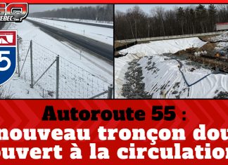 Autoroute 55 : un premier tronçon doublé ouvert à la circulation À gauche, un nouveau tronçon doublé de l’autoroute 55 en hiver avec clôture anti-intrusion, et à droite, des travailleurs en construction sur un ponceau; bandeau rouge avec le texte « Autoroute 55 : un nouveau tronçon doublé ouvert à la circulation ». Photos du MTMD.