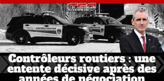 Contrôleurs routiers : une entente décisive après des années de négociation Image montrant deux véhicules de Contrôle routier Québec stationnés en hiver, avec à droite le président de la Fraternité, Jean-Claude Daignault. Sur l’image, le texte “Contrôleurs routiers : une entente décisive après des années de négociation” apparaît, accompagné du logo Truck Stop Québec.