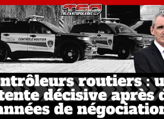 Contrôleurs routiers : une entente décisive après des années de négociation Image montrant deux véhicules de Contrôle routier Québec stationnés en hiver, avec à droite le président de la Fraternité, Jean-Claude Daignault. Sur l’image, le texte “Contrôleurs routiers : une entente décisive après des années de négociation” apparaît, accompagné du logo Truck Stop Québec.