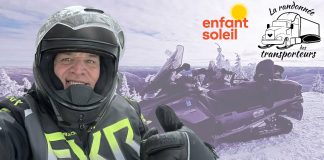 Coup d’envoi de la Randonnée des Transporteurs 2026! Dominic Beaulac et un paysage d'hiver, avec une motoneige, symbolisant la randonnée des transporteurs au profit d'Enfant Soleil.