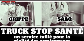 Truck Stop Santé : un service taillé pour la réalité des camionneurs Montage en deux images : à gauche, un camionneur assis dans la porte de son camion, la tête appuyée sur sa main, visiblement fatigué par la grippe ; à droite, un médecin utilisant une tablette électronique pour un examen médical lié à la SAAQ. Texte superposé : « GRIPPE » et « SAAQ ». En bas, la bannière affiche : « TRUCK STOP SANTÉ – un service taillé pour la réalité des camionneurs ».