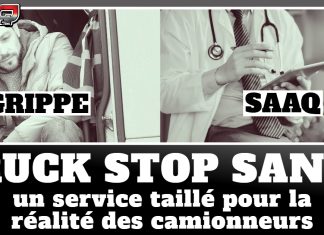 Truck Stop Santé : un service taillé pour la réalité des camionneurs Montage en deux images : à gauche, un camionneur assis dans la porte de son camion, la tête appuyée sur sa main, visiblement fatigué par la grippe ; à droite, un médecin utilisant une tablette électronique pour un examen médical lié à la SAAQ. Texte superposé : « GRIPPE » et « SAAQ ». En bas, la bannière affiche : « TRUCK STOP SANTÉ – un service taillé pour la réalité des camionneurs ».