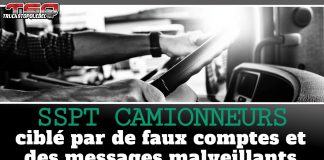 SSPT Camionneurs ciblé par de faux comptes et des messages malveillants Image en noir et blanc d’un camionneur tenant le volant dans la cabine de son camion. En haut à gauche, le logo de Truck Stop Québec apparaît. Au bas de l’image, un bandeau présente le titre : « SSPT CAMIONNEURS ciblé par de faux comptes et des messages malveillants ». Image liée à une nouvelle concernant la sécurité en ligne et la communauté du transport routier.