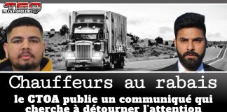 Chauffeurs au rabais : un communiqué du CTOA qui cherche à redéfinir l’enjeu public Montage visuel en noir et blanc montrant un camion lourd sur une autoroute, encadré à gauche par la photo de Baljeet Singh et à droite par la photo de Jaskirat Singh Sidhu. Le titre « Chauffeurs au rabais » apparaît en grand, suivi du sous-titre « Le CTOA publie un communiqué qui cherche à détourner l’attention ». Logo Truck Stop Québec dans le coin supérieur gauche.